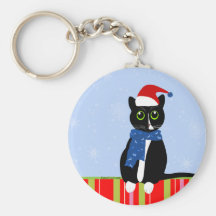 Black and white cat Christmas Candy stripes keyrin Keychain
