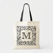 Black and White Custom Monogram Leopard Print. Canvas Bag