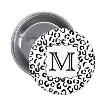 Black and White Custom Monogram Leopard Print. Pinback Button