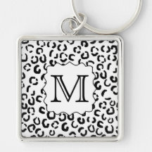 Black and White Custom Monogram Leopard Print. Keychain