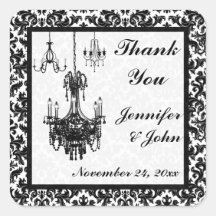 Black and White Damask Chandeliers Wedding Favour Square Stickers