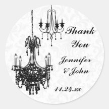 Black and White Damask Chandeliers Wedding Favour Round Stickers