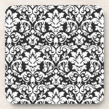 black and white damask flourish beverage coasters
