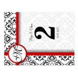Black and White Damask Red Trim Table Number Post Cards