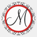 Black and White Damask Red Trim Wedding Seal Round Sticker
