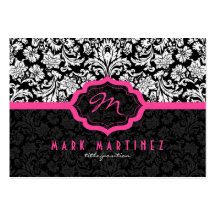 Black And White Floral Damasks Pink Accents Business Card Template