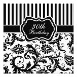 Black and White Floral Stripe 30th Birthday Invite