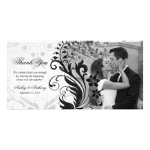 Black and White Floral Wedding Thank You Photocard Custom Photo Card