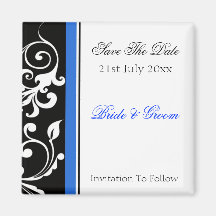 Black And White Floral With Blue Save The Date Fridge Magnet