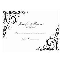 Black and White Flourish Wedding Seating Cards Business Card Template