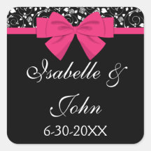 Black and White Roses Pink Bow Square Sticker