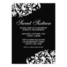Black and White Swirl Flourish Sweet 16 Birthday Personalised Invitations