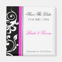 Black and White Swirl With Hot Pink Save The Date Magnets