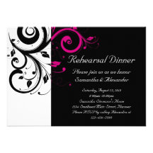 Black and White with Magenta Swirl Accent Personalised Invitations