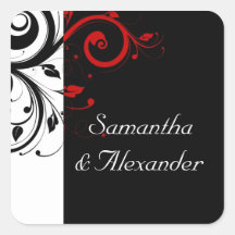 Black and White with Red Reverse Swirl Square Stickers