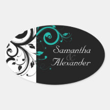 Black and White with Teal Reverse Swirl Oval Stickers
