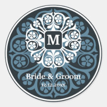 Black Blue Initial M Monogram Seal Party Favour Round Sticker