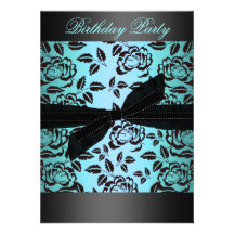 Black/Blue Rose & Bow Birthday Invitation