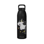 Black cartoon unicorn with stars drinking bottles