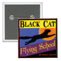 Black Cat Flying School Vintage Halloween Button