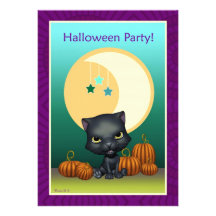 Black Cat Moon & Stars Halloween Party Invitation