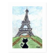 Black cat Noir Chat Looking at Eiffel Tower Art Post Cards