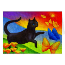 Black Cat Painting Butterflies Art - Multi Greeting Cards