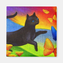 Black Cat Painting Butterflies Art - Multi Magnets