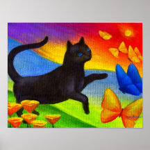 Black Cat Painting Butterflies Art - Multi Poster