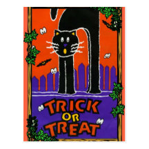 Black cat, trick or treat post cards