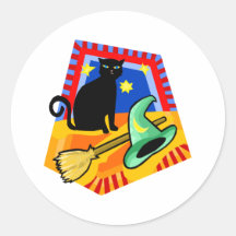 Black cat & witches hat round sticker