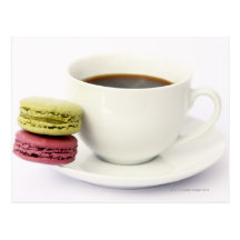 Black coffee in white cup with two french post card