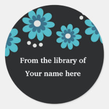 Black Custom Bookplates - Blue Flowers Round Stickers