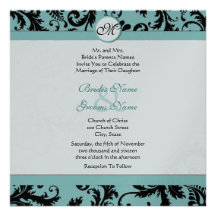 Black Damask Aqua Pool Blue Wedding Invitation