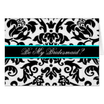 Black damask Be my bridesmaid card