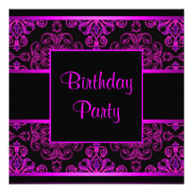 Black Damask Hot Pink Purple Birthday Party Invite