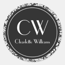 Black Damask Monogram Round Stickers