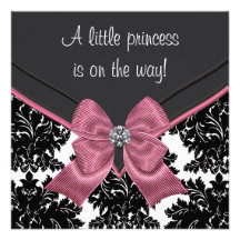Black Damask Pink Bow Princess Baby Shower Personalised Announcements