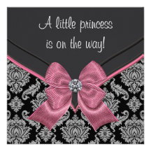 Black Damask Pink Bow Princess Baby Shower Custom Invitations