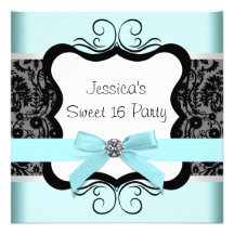 Black Damask Teal Black Sweet 16 Birthday Party Announcement