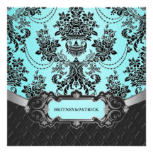 Black Damask & Tiffany Blue Wedding Invitations