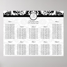 Black Damask Wedding Seating Chart Table Number Poster