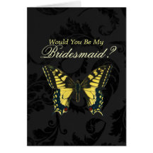 Black damask Yellow Butterfly Wedding bridesmaid Cards