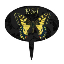 Black damask Yellow Butterfly Wedding Cake Pick