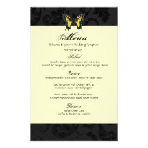 Black damask Yellow Butterfly Wedding menu Personalised Stationery