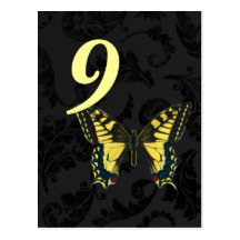Black damask Yellow Butterfly Wedding table number Post Cards