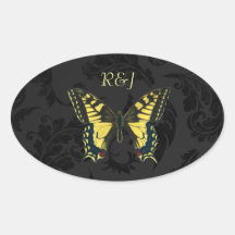 Black damask Yellow Butterfly Wedding thankyou Stickers