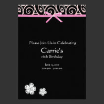 Black Diamond on Pink Sweet 16 Birthday Invitation invitations