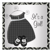 Black Dress Shoes Black Damask Baby Girl Shower Custom Invitation