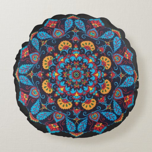Black Flower Mandala Throw Pillow, round pillow Round Cushion Zazzle